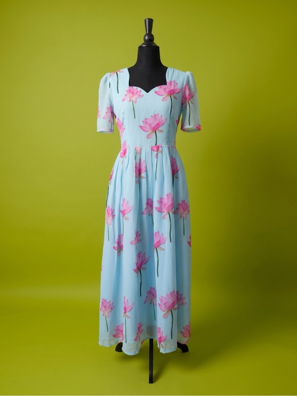 Light Blue  Georgette Maxi Dress with Pink Floral Print